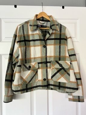 Zara Plaid Jacket in Sage, Cream & Tan